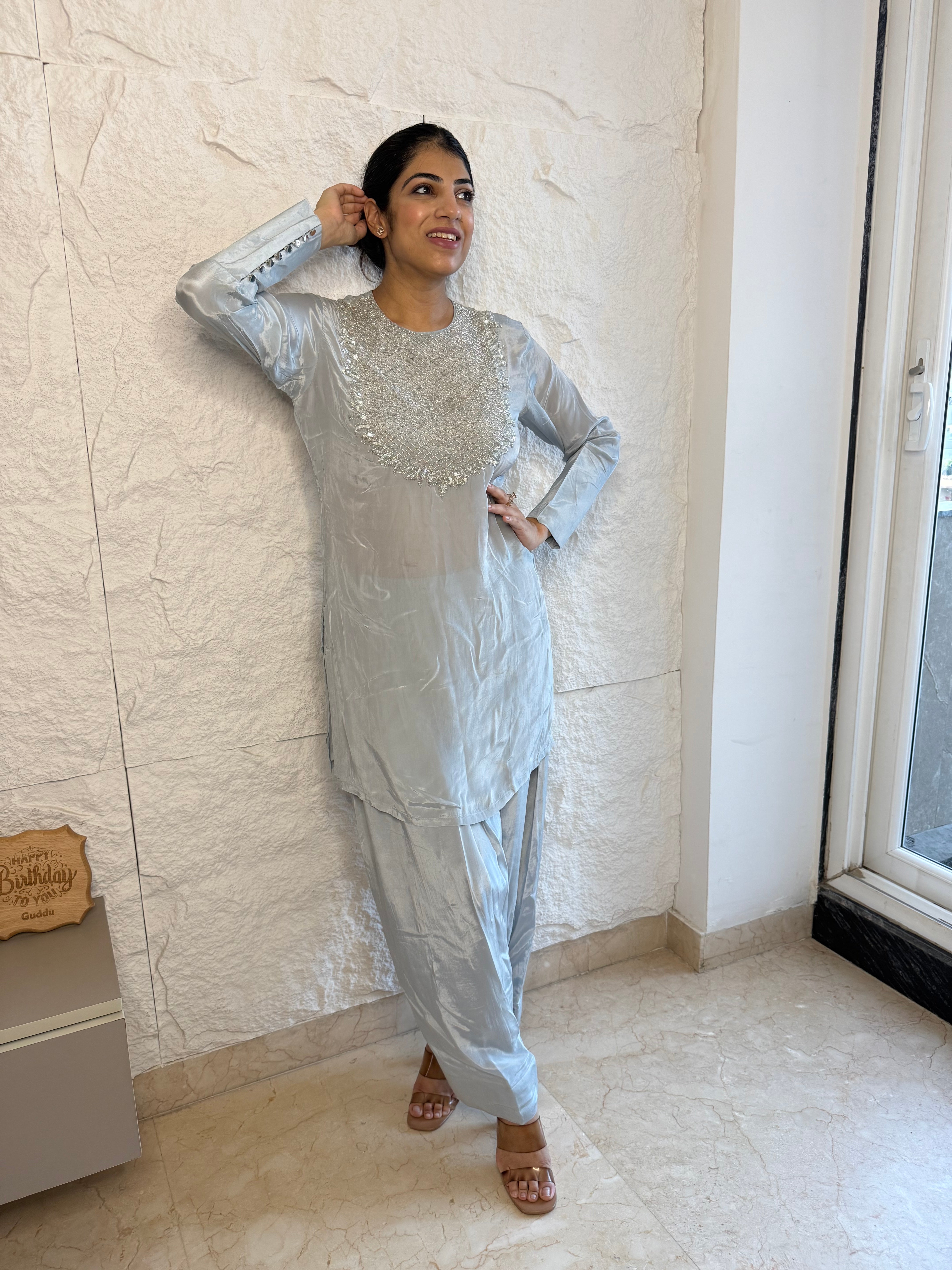 Pure crepe farshi salwar set with handwork