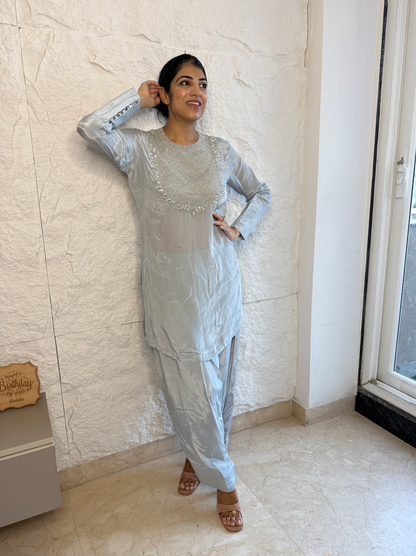 Pure crepe farshi salwar set with handwork
