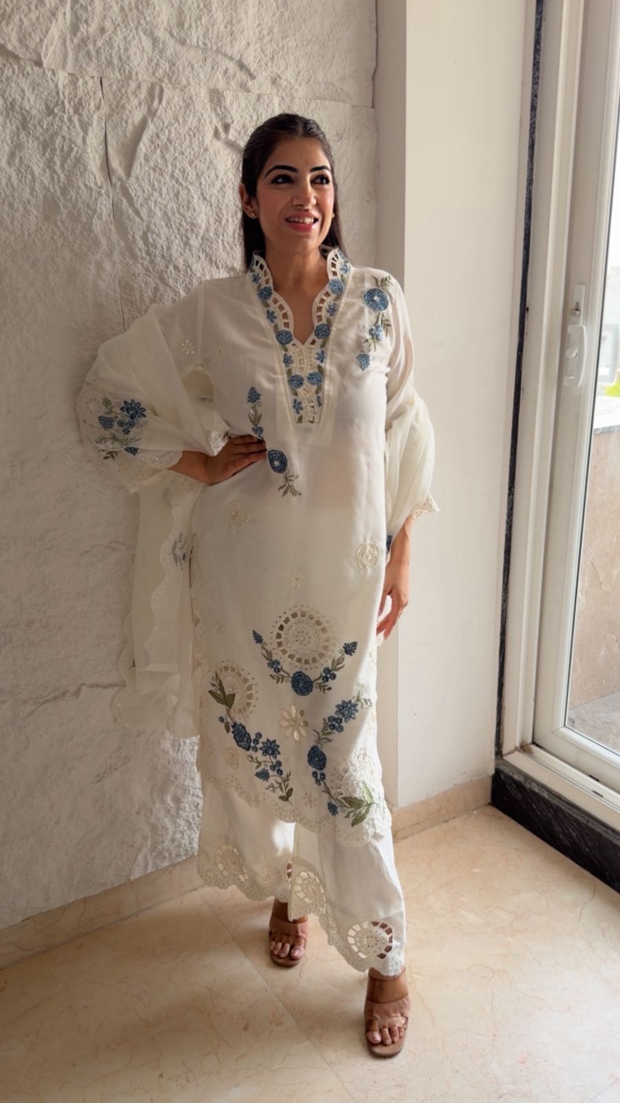 Imported cotton 3 pc Pakistani cutwork suit with embroidery Paired with cutwork palazzo pants
