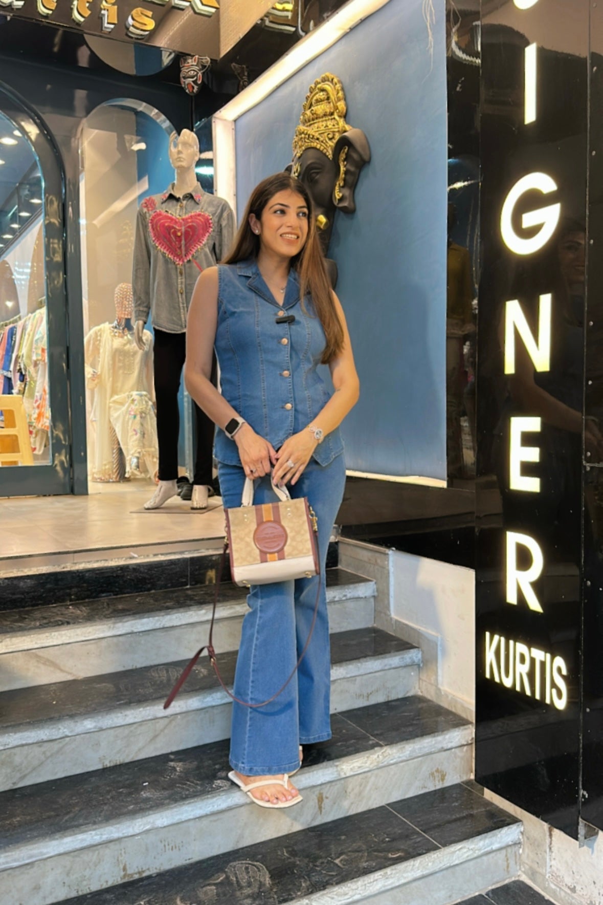 2pc Sleeveless Denim Co-ord Set Paired With Bell-bottom Pants