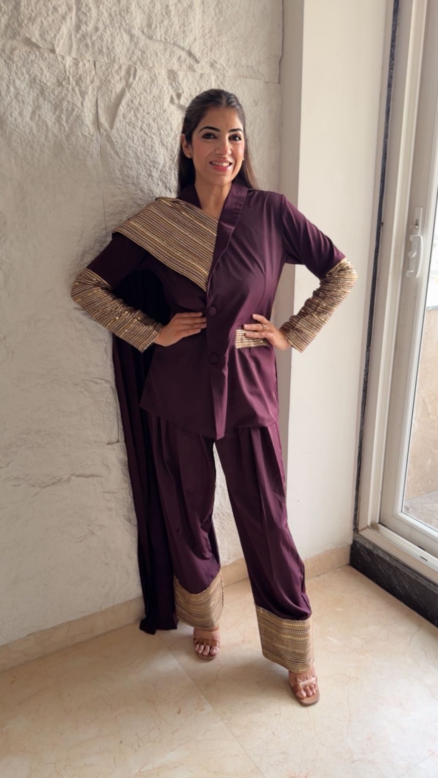 Designer imported fabric blazer farshi set with sequins details and a flap
