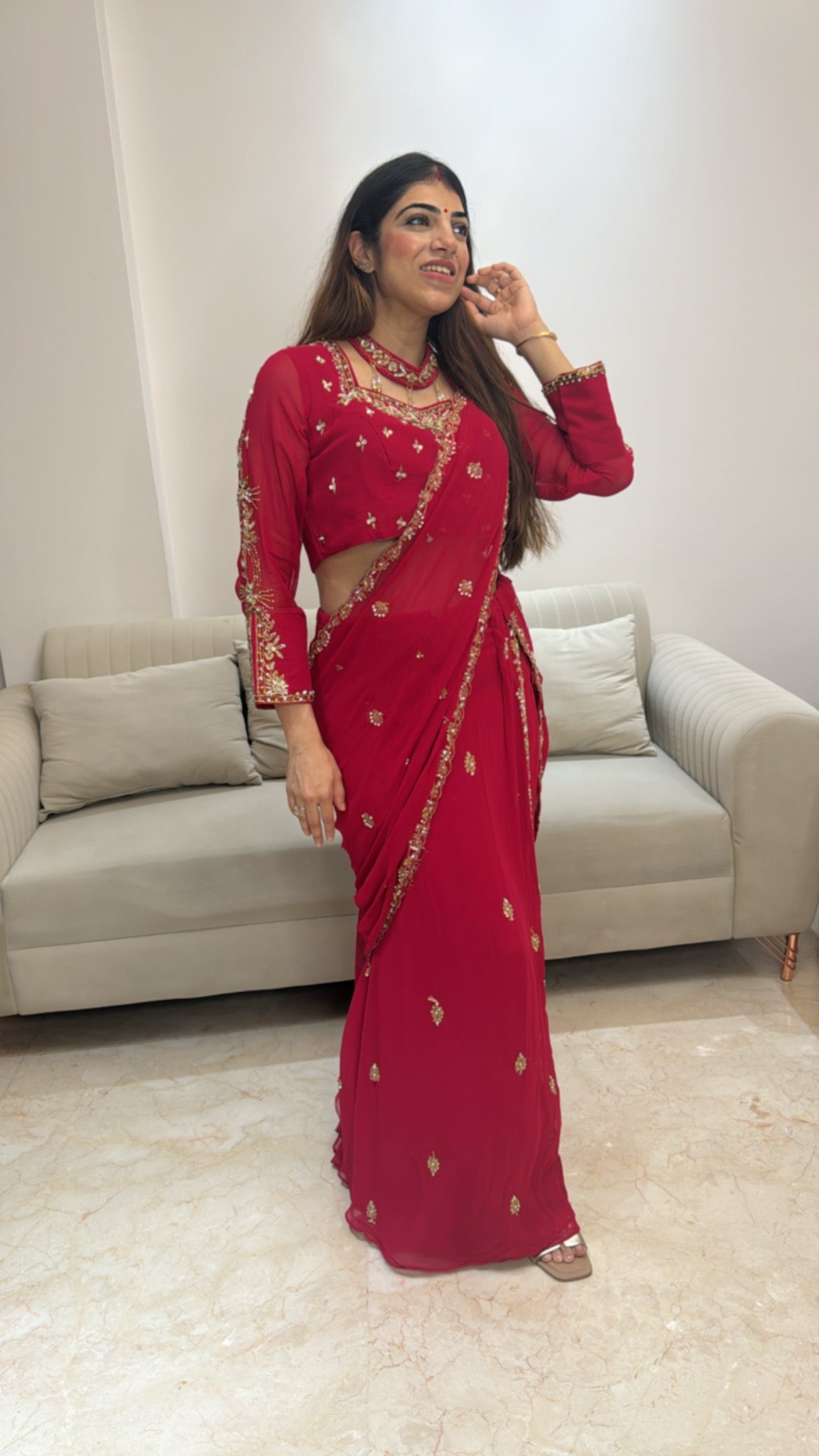 Viscose georgette Drap sarees full handwork skirt with detachable dupatta