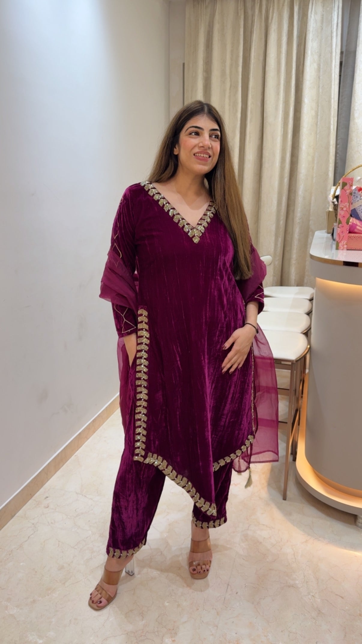 Imported-crushed valvet 3pc suit all handwork with organza dupatta