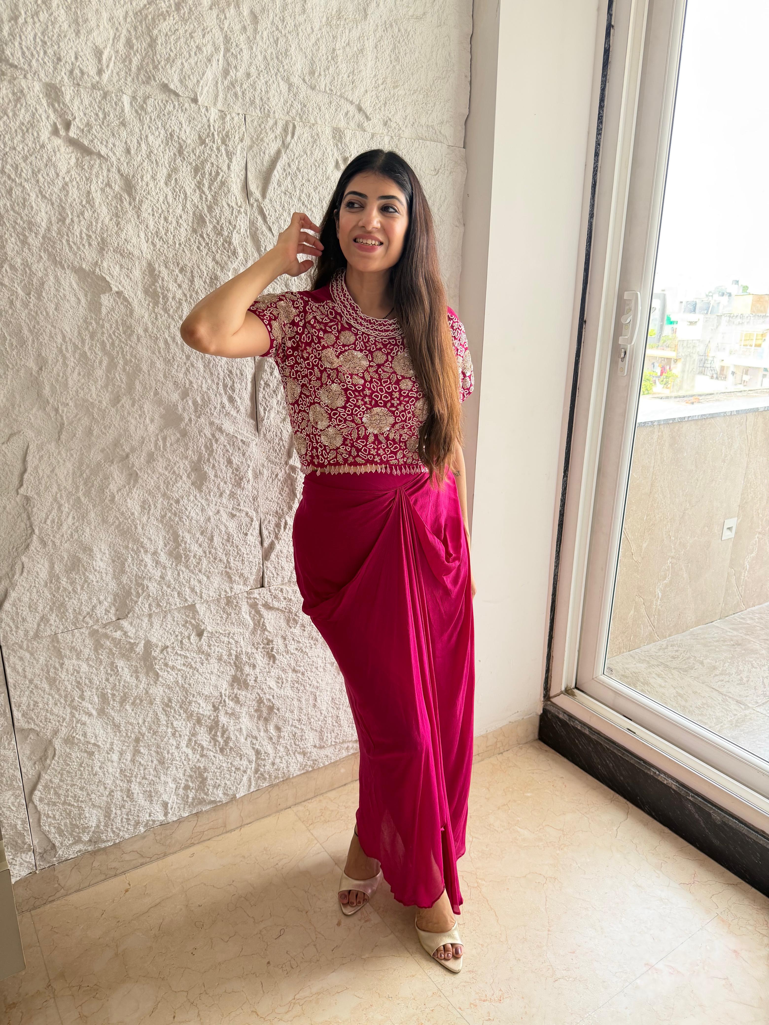 Pure Chinon  Two-peice drape skirt & crop Top with all handwork