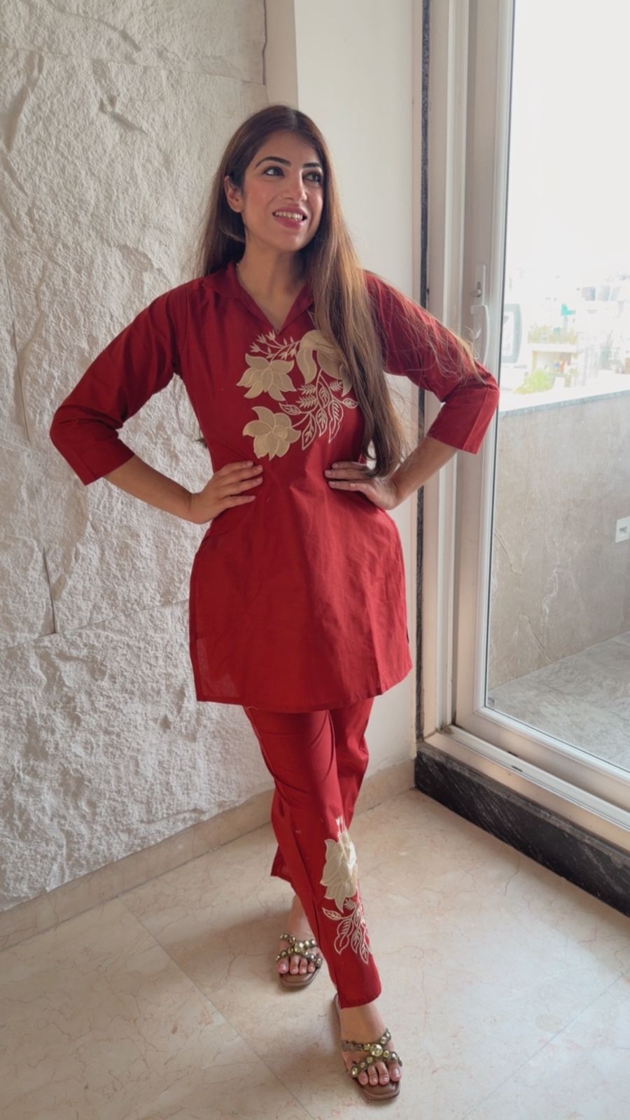 Cotton 2 pc co-ord set with embroidery
