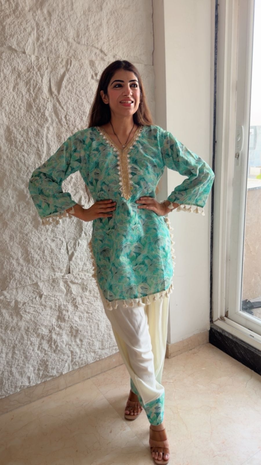 Schiffli cotton shirt with rayon cotton farshi salwar set