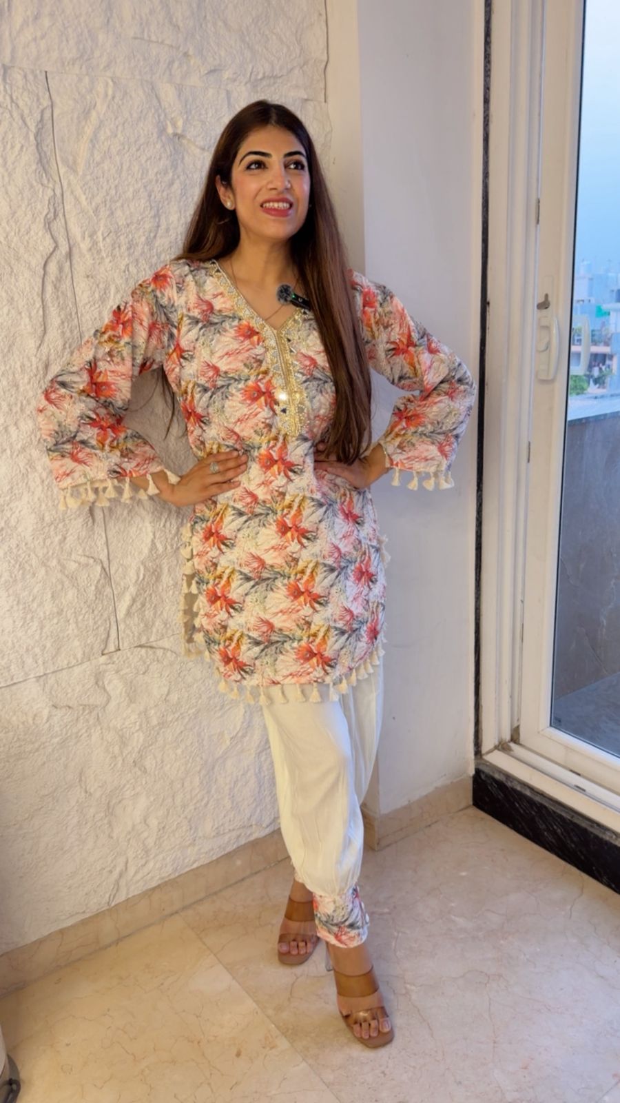 Schiffli cotton shirt with balloon pants