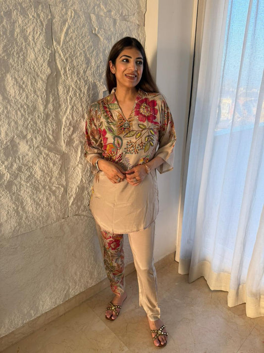 Cotton muslin 2pc, co-ord set with digital print and handwork