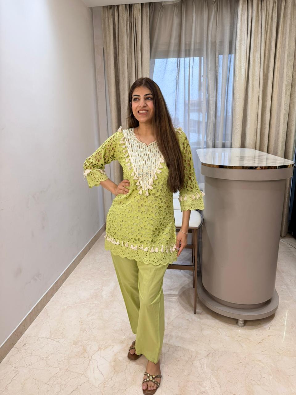 Cotton Shifli designe two pc, co-ord set in neck all handwork nd mirror work