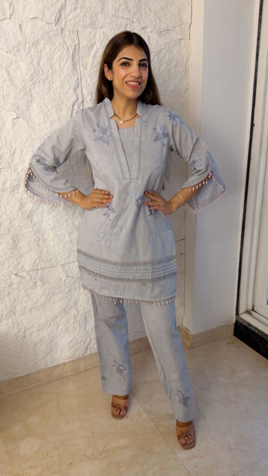 Cotton 2 pc co-ord set with straight pants and stylish sleeves
