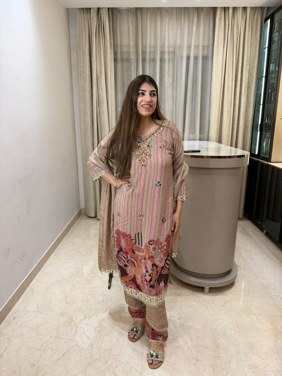 Digital crepe 3 pc suit with handwork with organza dupatta