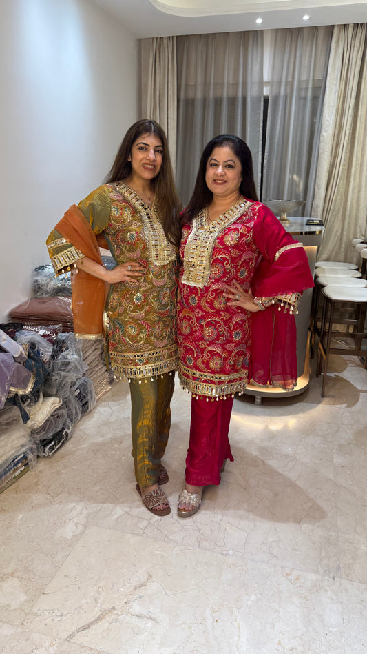 Glass tissue fabric 3pc partywear set with bell bottom nd organza dupatta