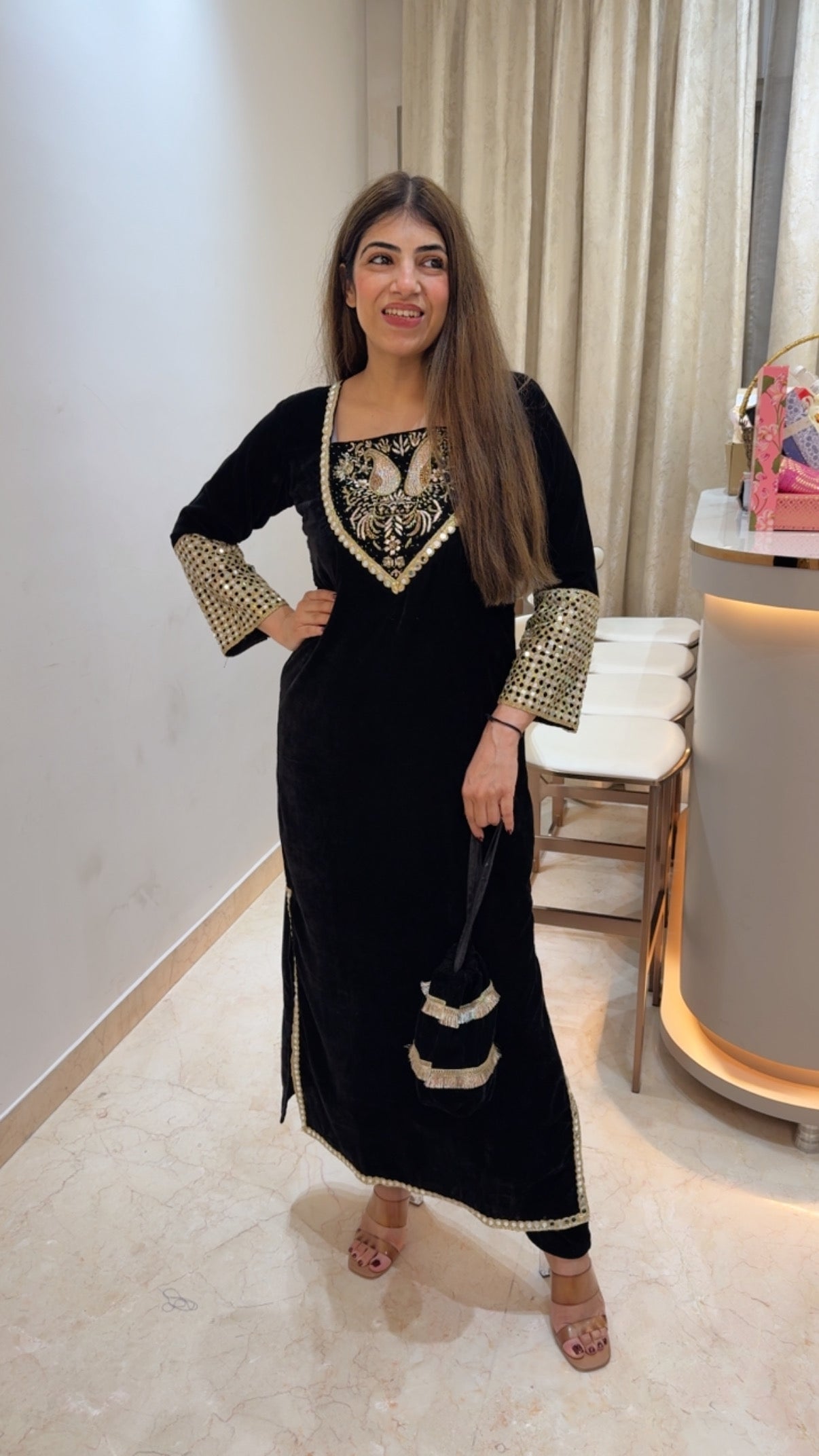 Velvet-2pc set with potli bag- side slit cut with neck design all handwork