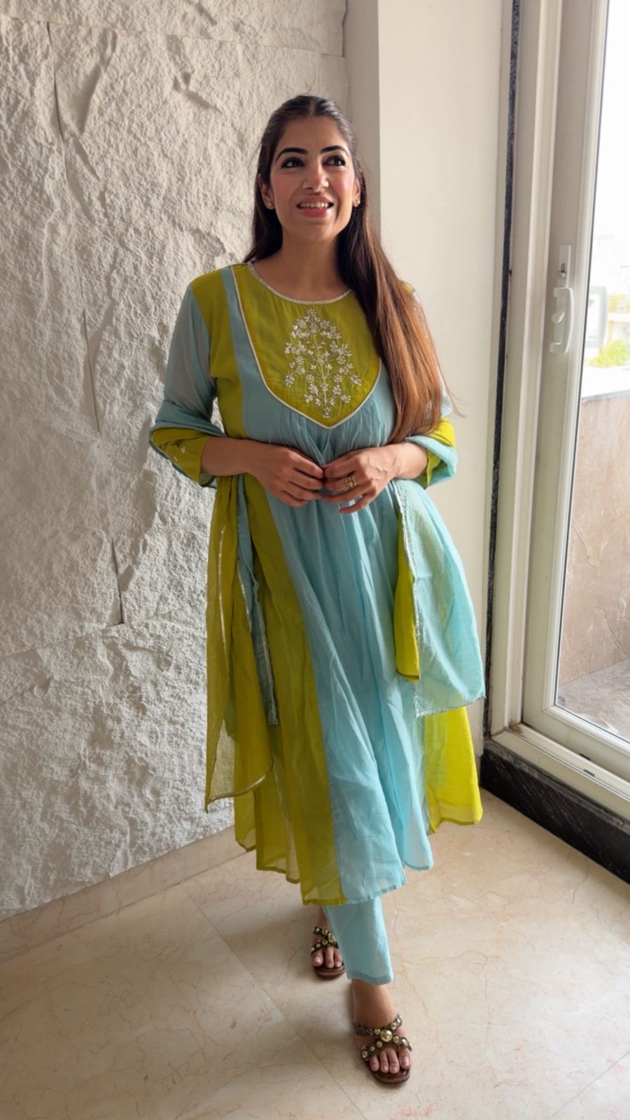 Pure cotton 3 pc color block anarkali suit