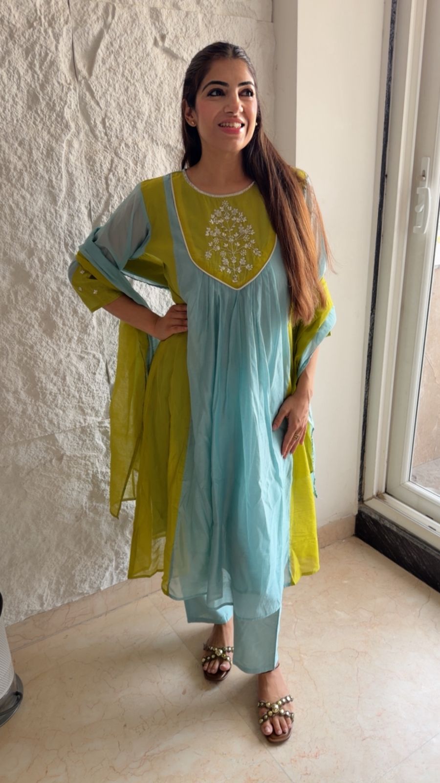 Pure cotton 3 pc color block anarkali suit