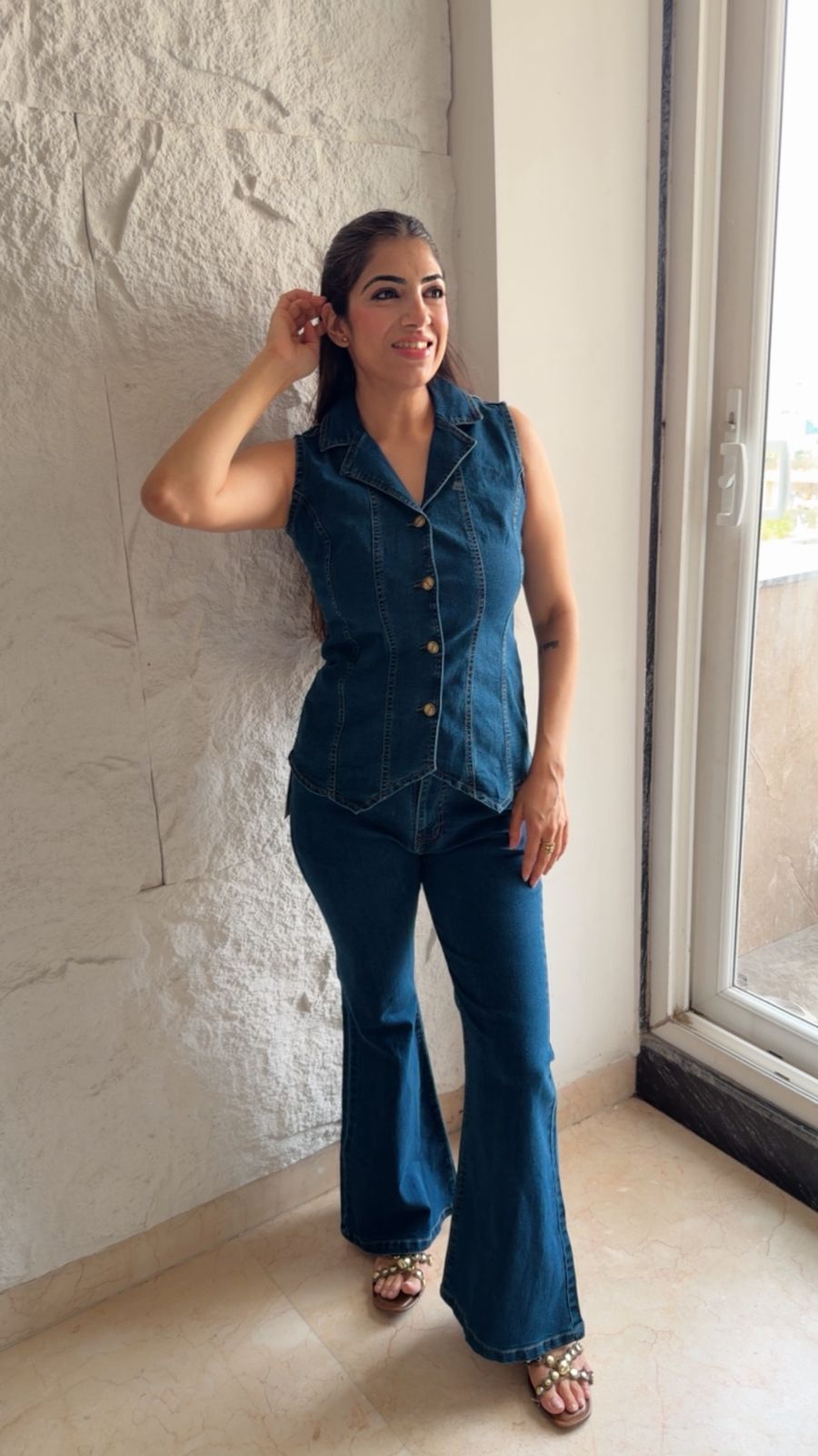 Stretchable 2 pc waist coat denim set