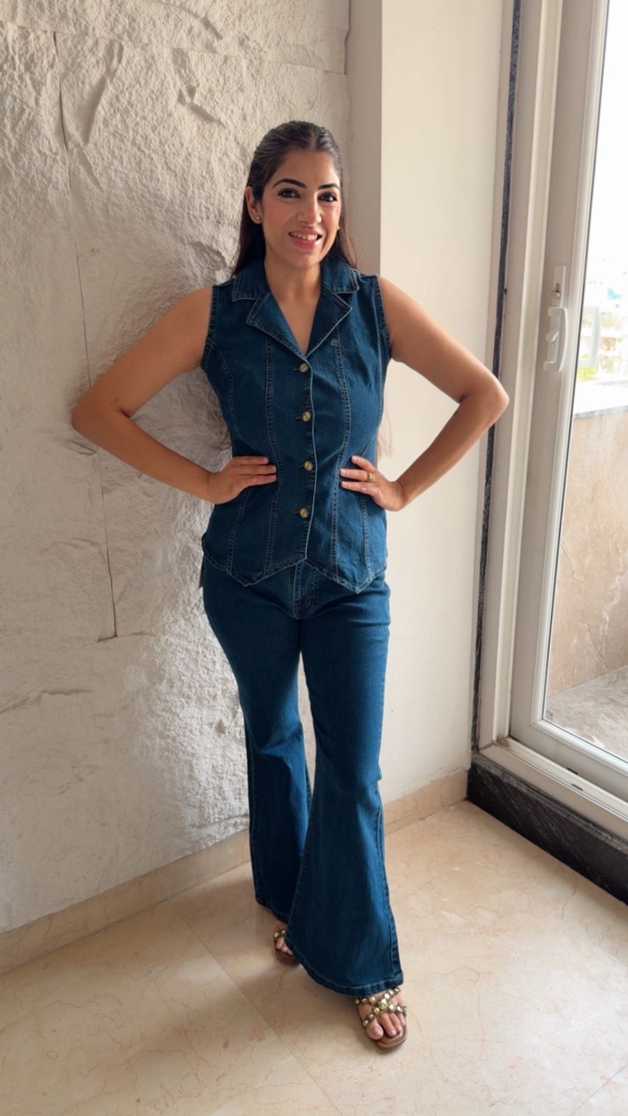 Stretchable 2 pc waist coat denim set
