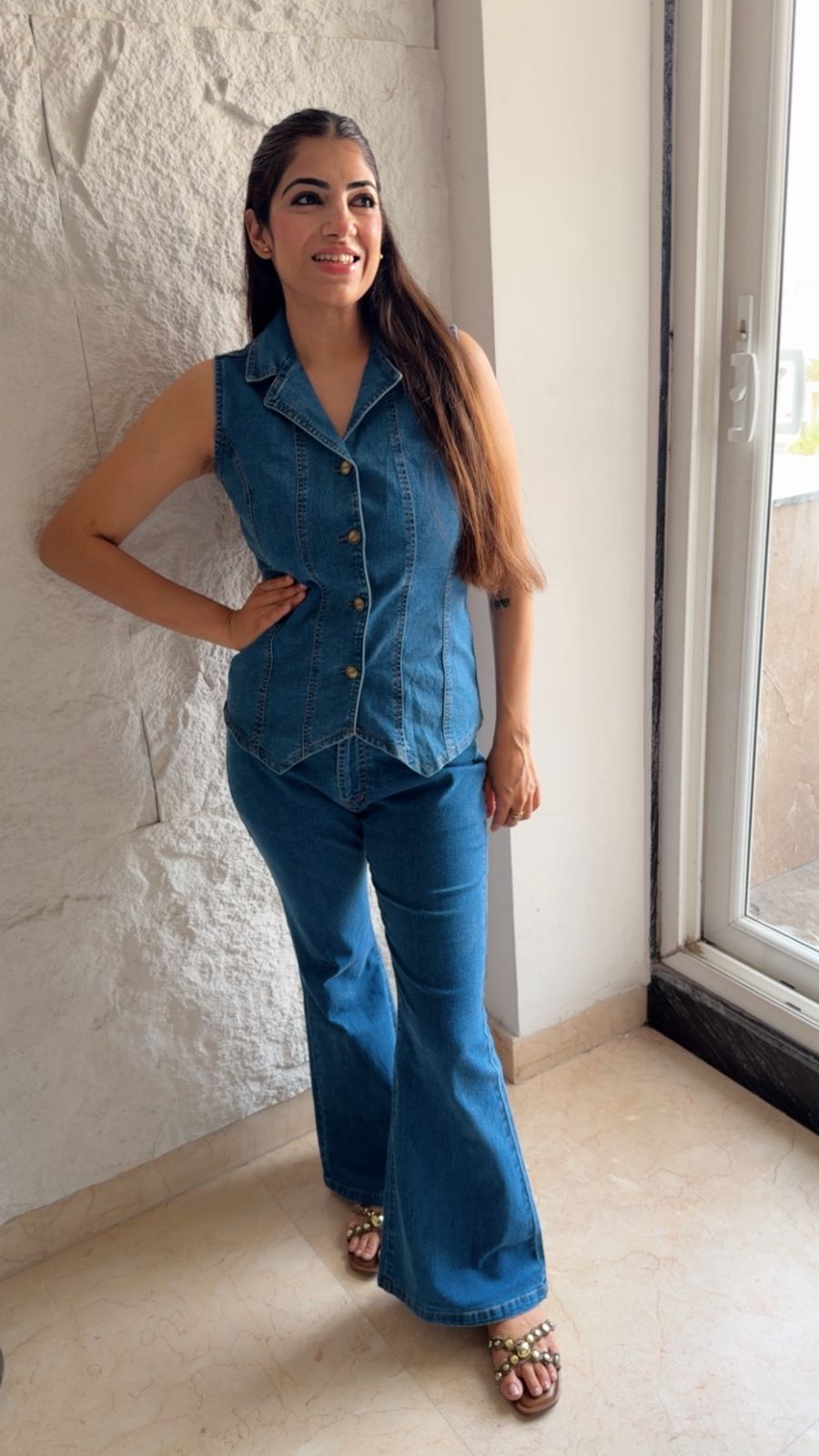 Stretchable 2 pc waist coat denim set