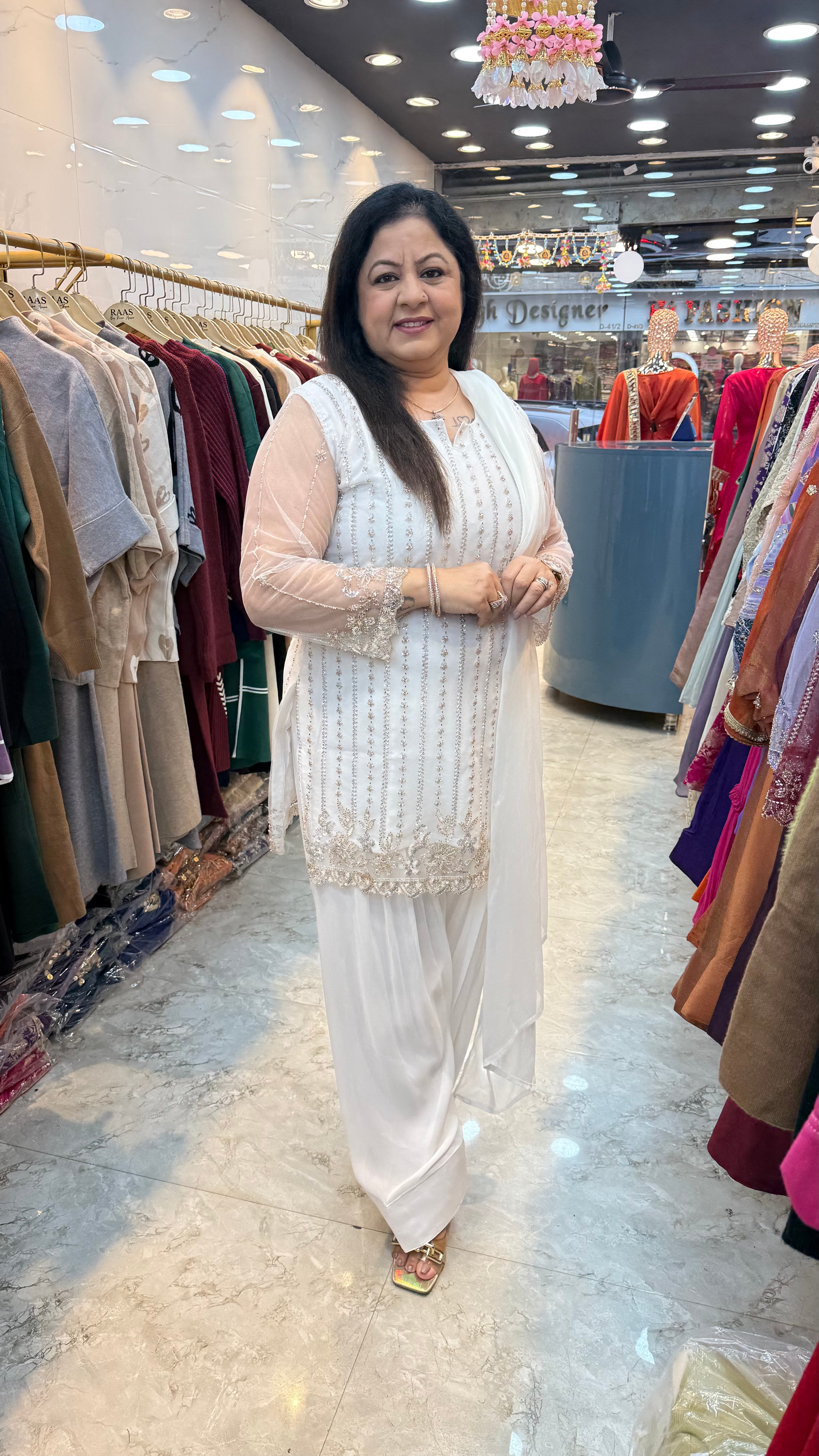 Viscose georgette 3pc partywear suit with farshi salwar shirt net fabric on all handwork