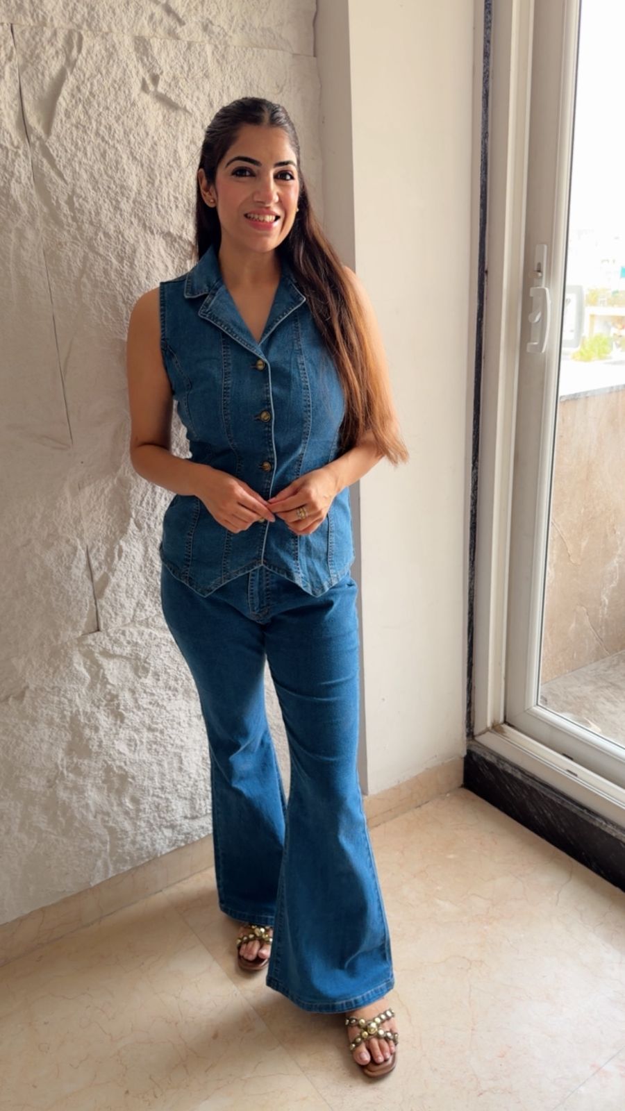 Stretchable 2 pc waist coat denim set