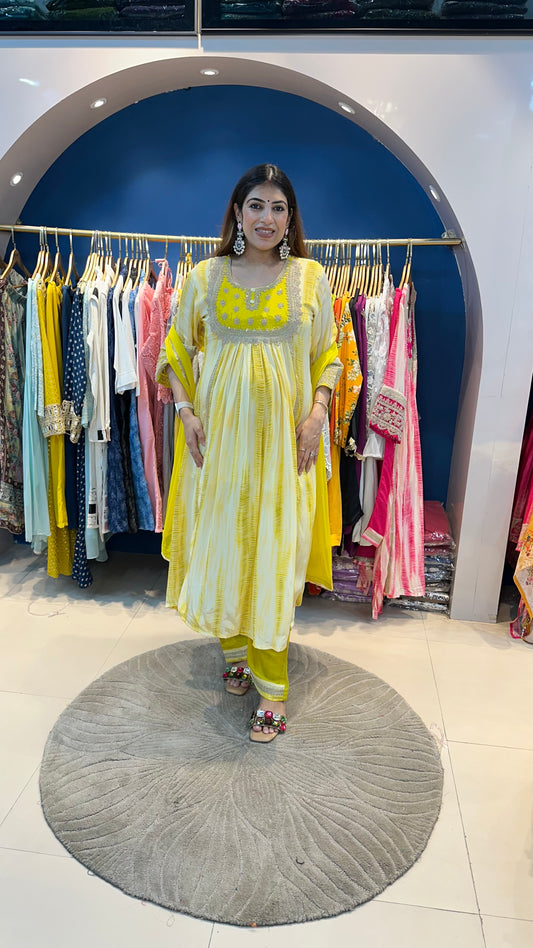 Shibori tie & dye print crepe suit with intricate thread embroidery