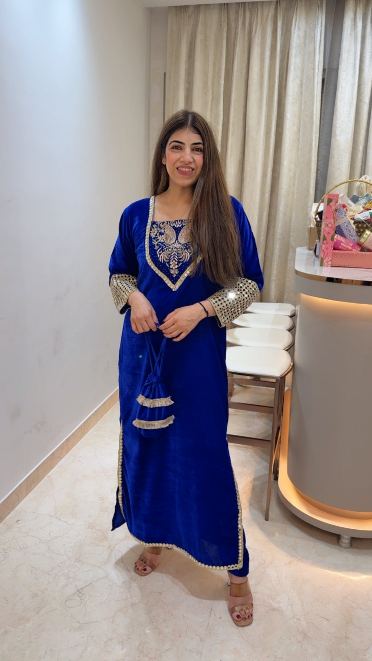 Velvet-2pc set with potli bag- side slit cut with neck design all handwork