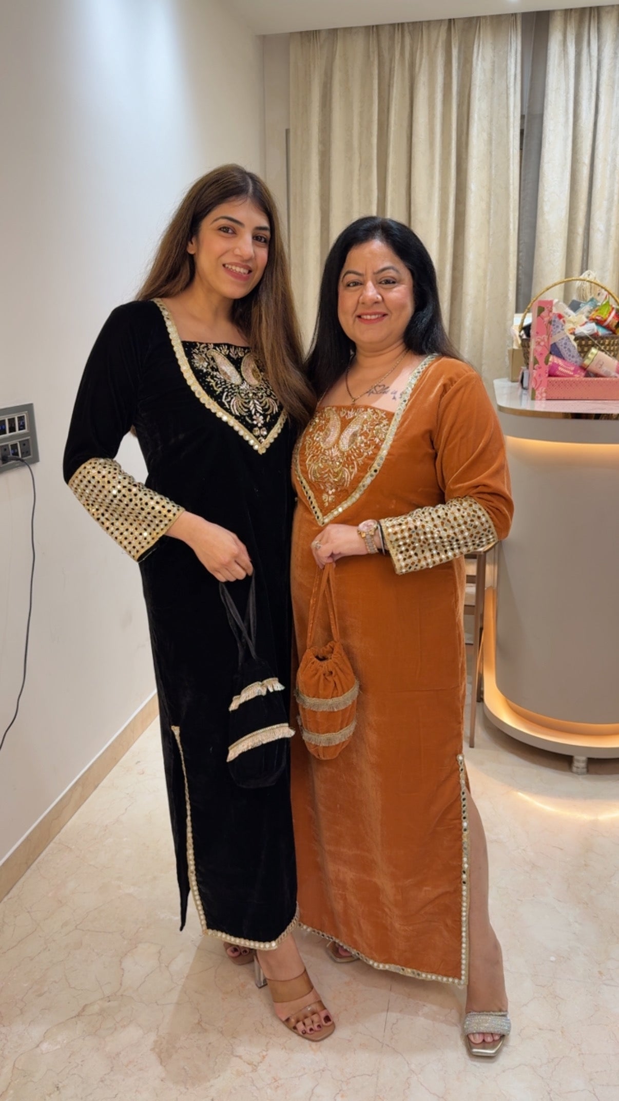 Velvet-2pc set with potli bag- side slit cut with neck design all handwork