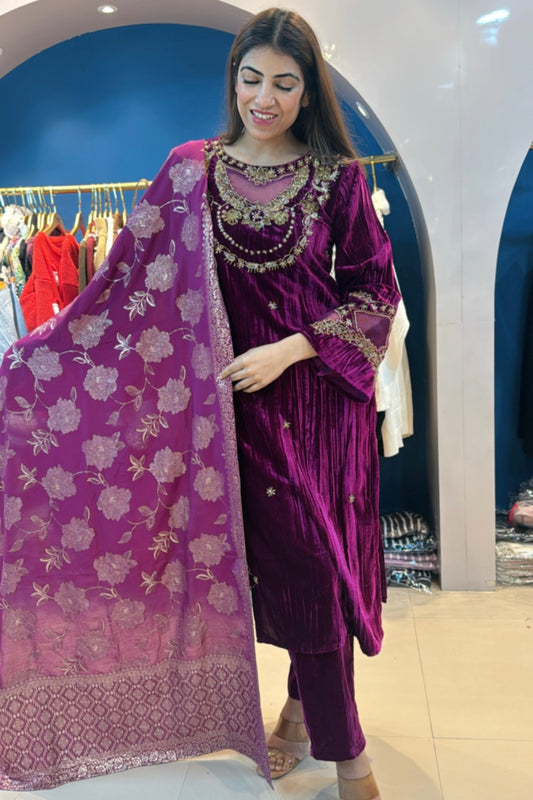 3pc Velvet Pakistani Suit With Banarasi Dupatta