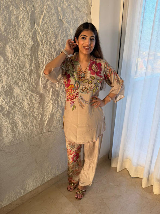 Cotton muslin 2pc, co-ord set with digital print and handwork