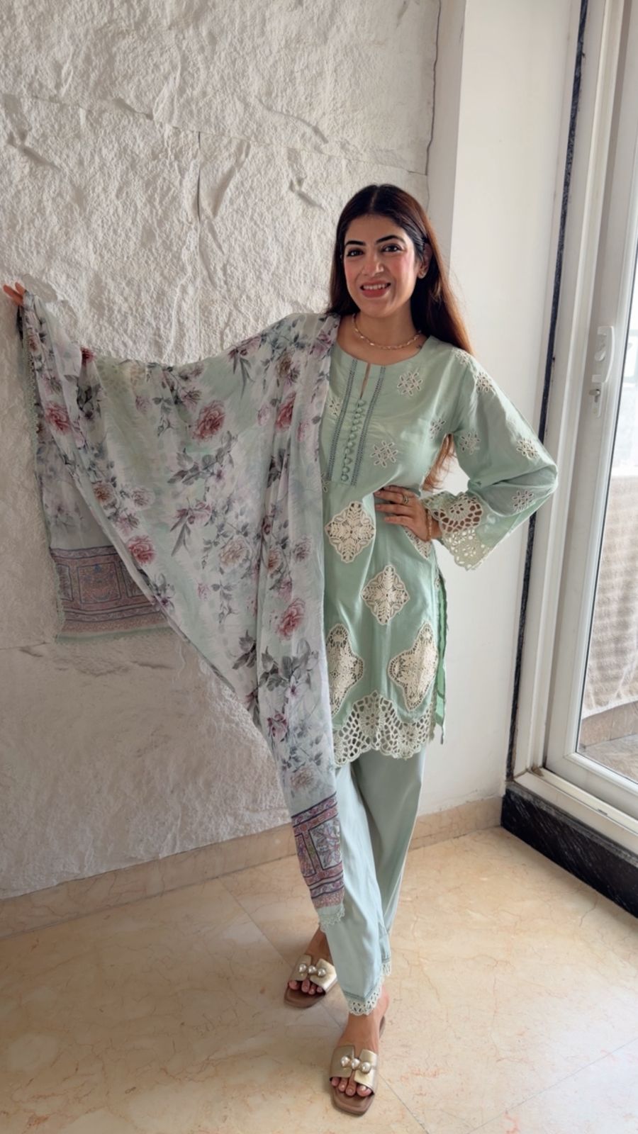 Imported cotton Pakistani suit with cutwork embroidery & chiffon printed duppata