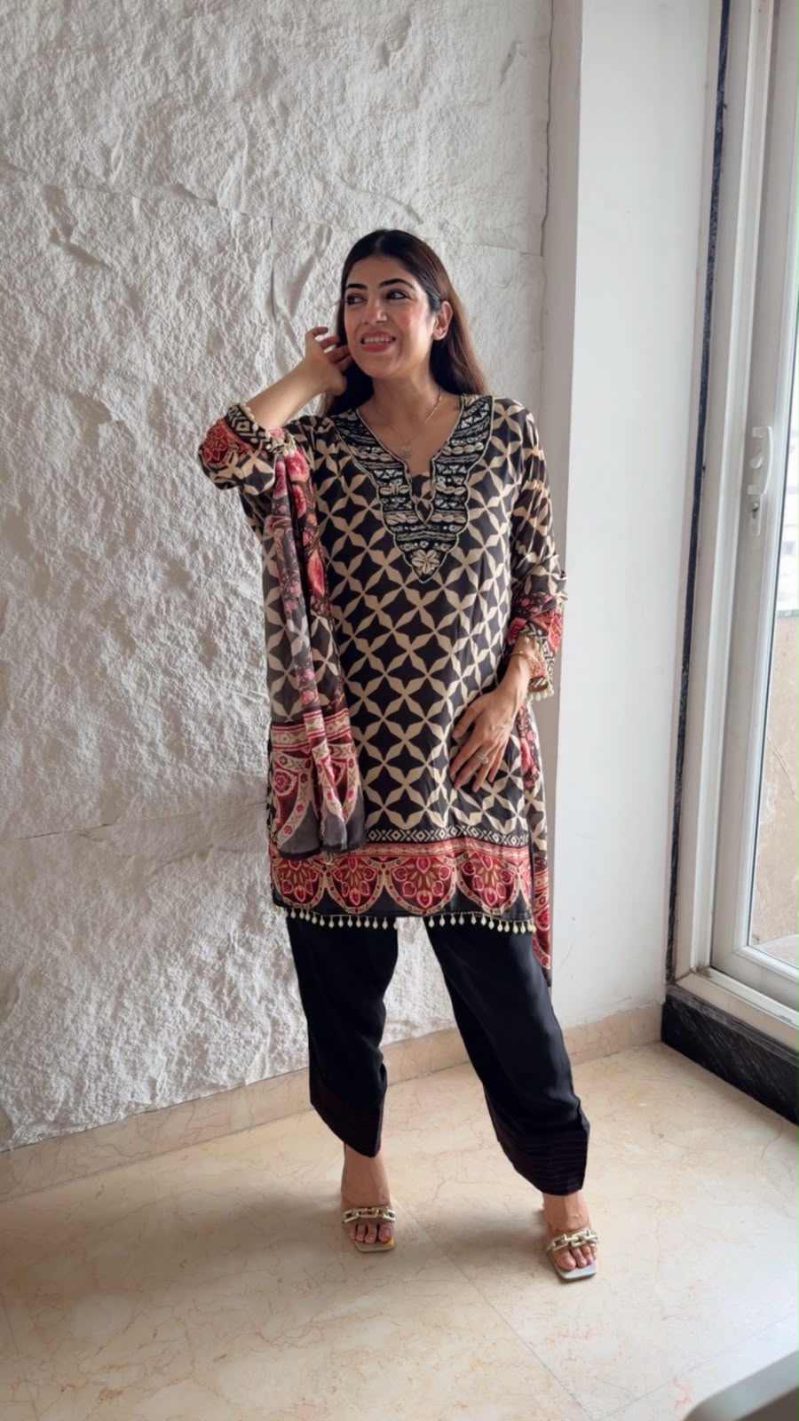 Crepe digital print handwork-neck design with farshi & dupatta