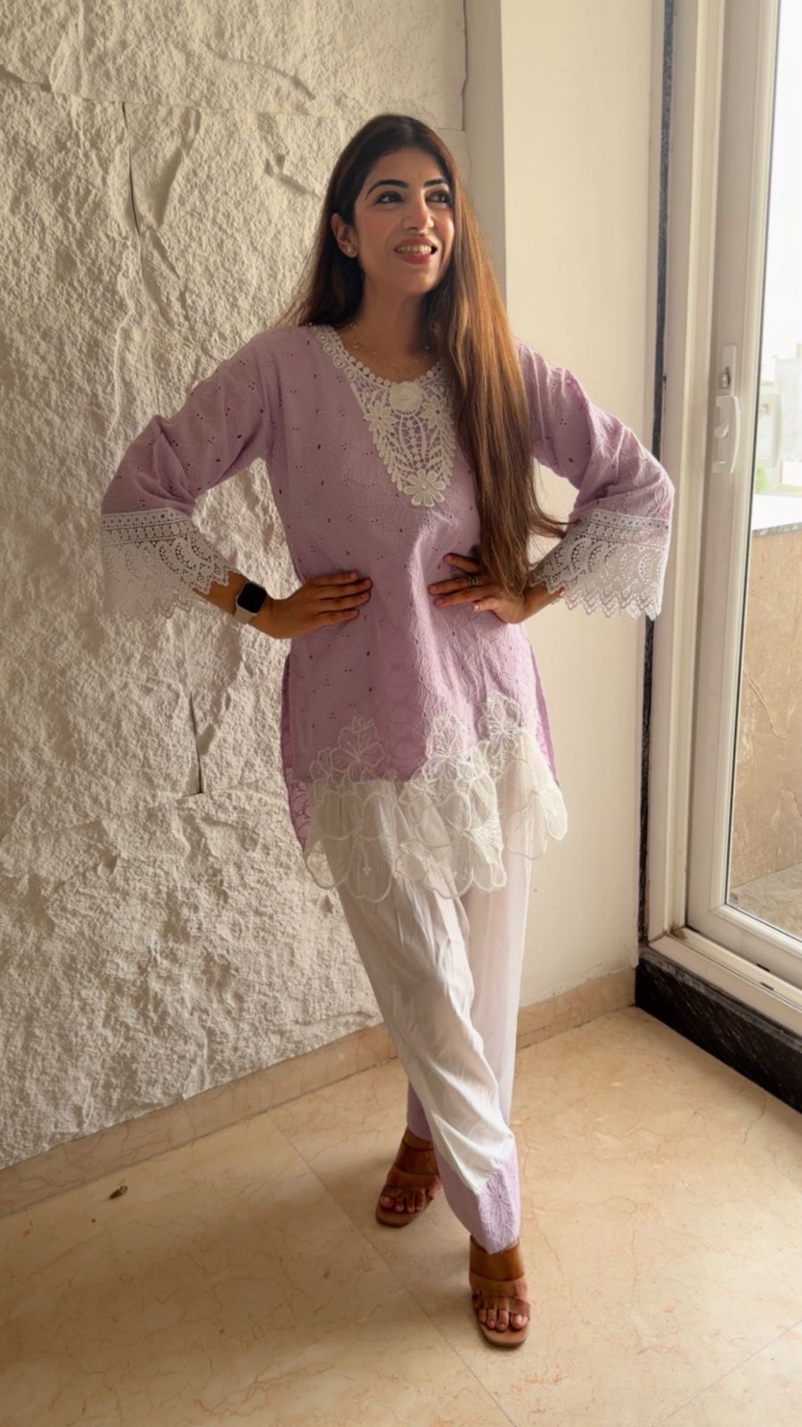 Schiffli cotton farshi set with flower motifs