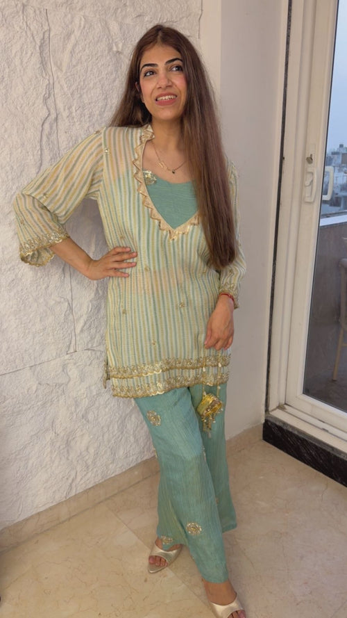 Chinon 3 pc set with handwork on shirt with crushed bell bottom pants with small highlighted work