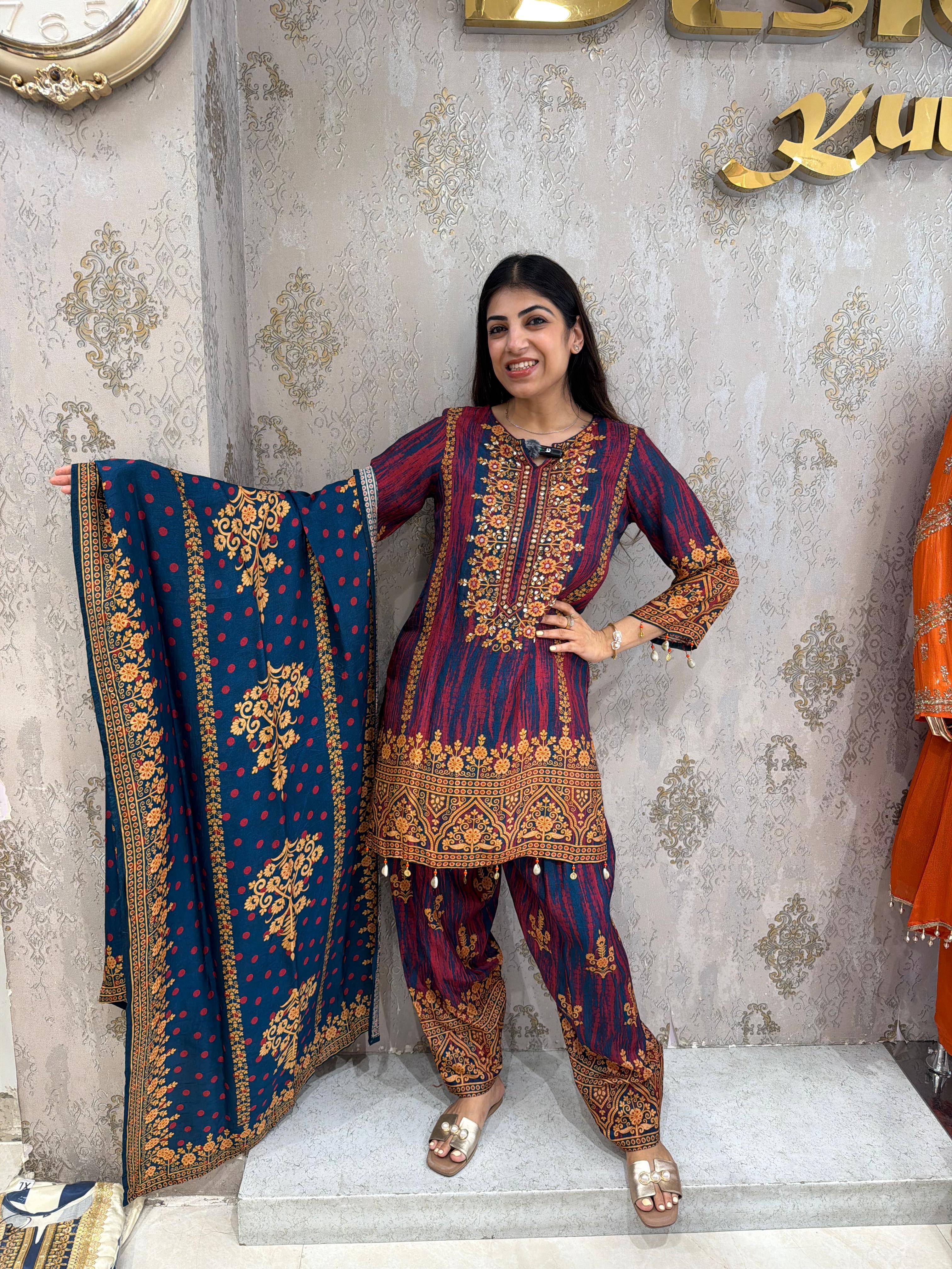 Pure modal silk 3,piece set with all embroidery print