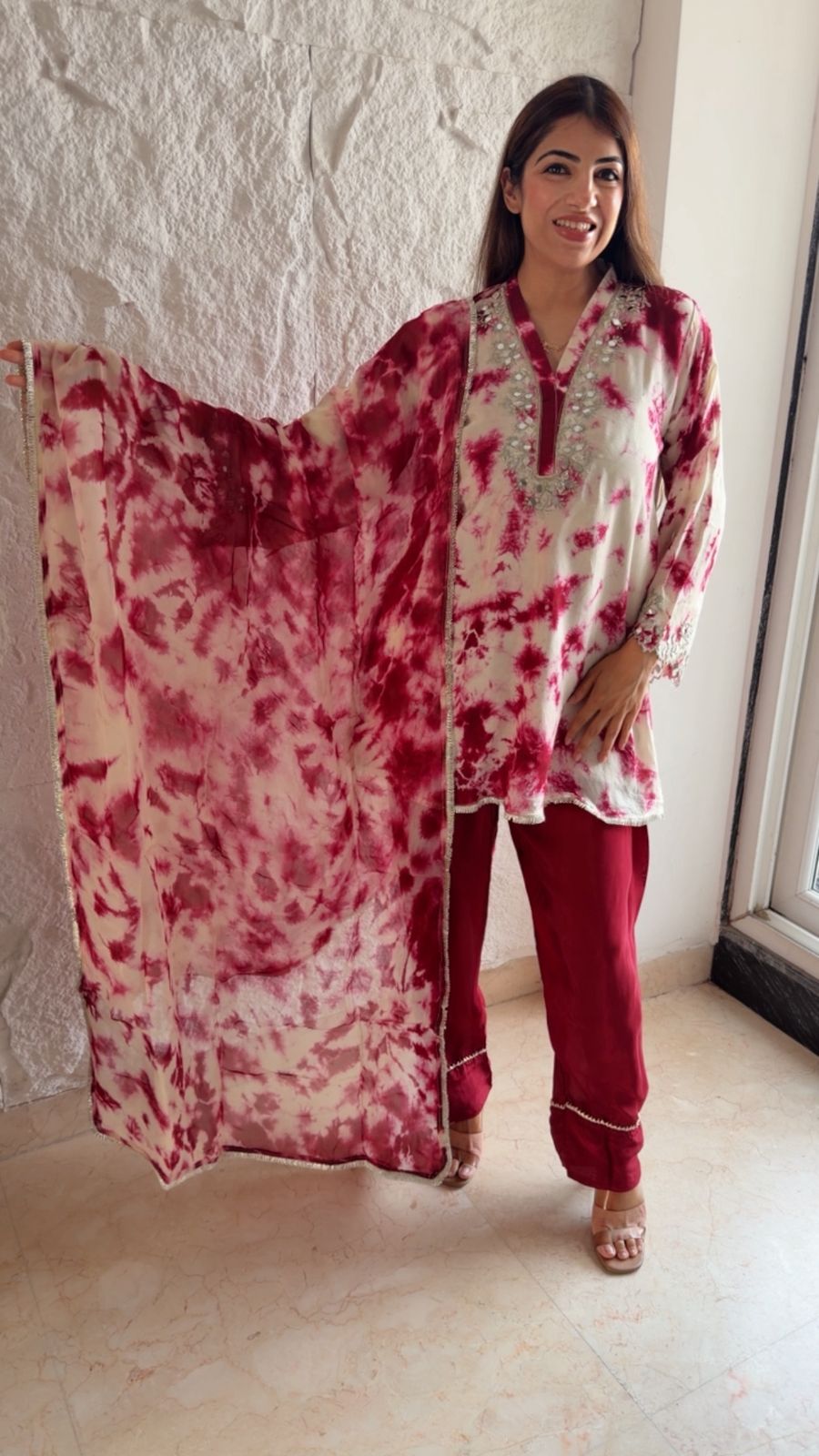 Pure crepe tye & dye farshi set with crepe dupatta with hand embroidery