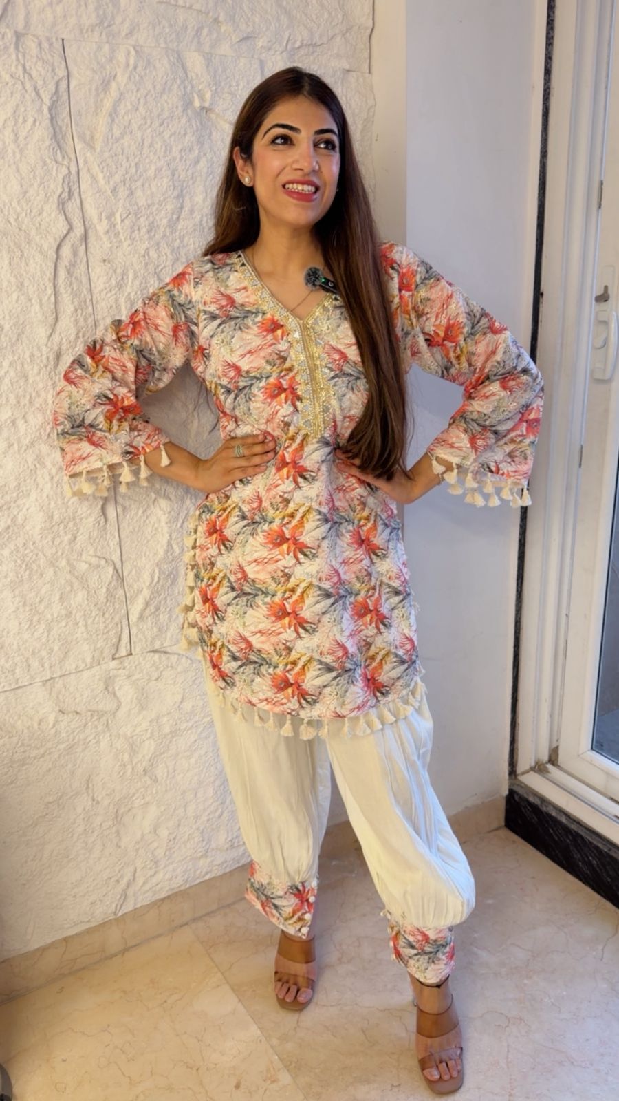 Schiffli cotton shirt with balloon pants