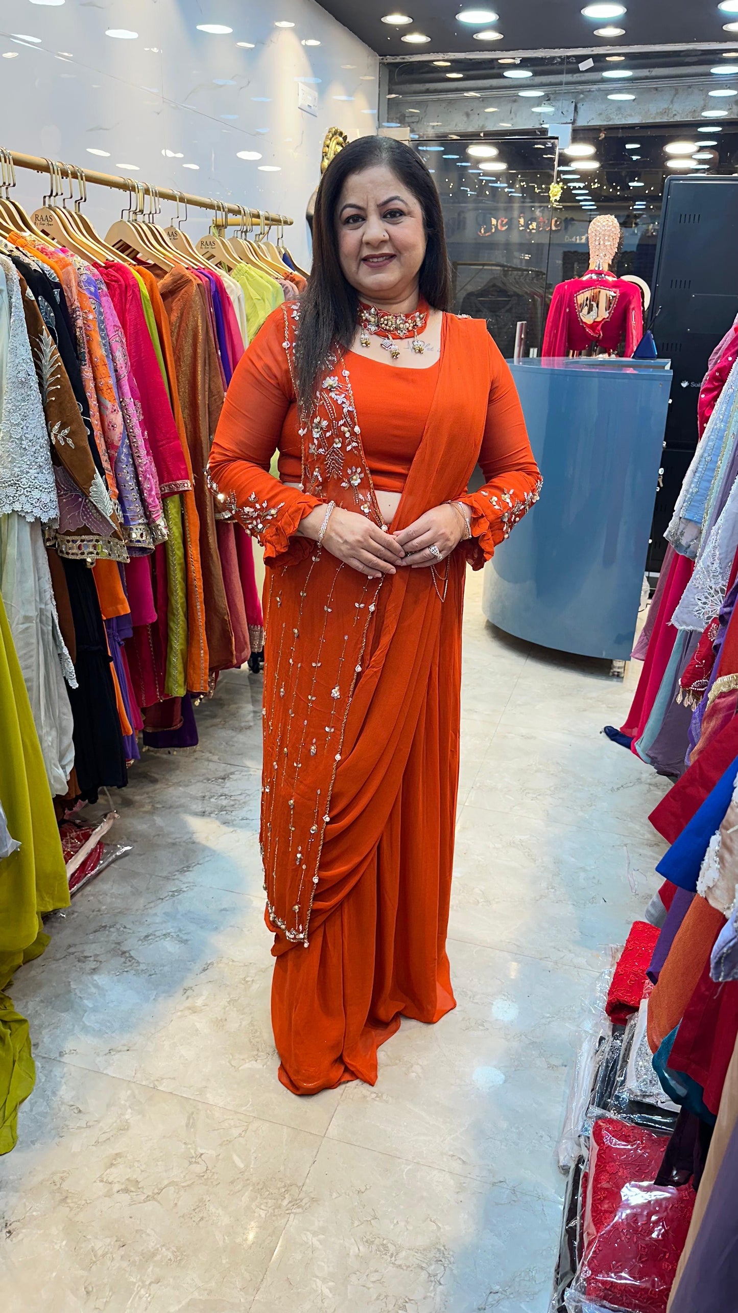 Viscose georgette ready to wear saree with detechable cap nd neck pc