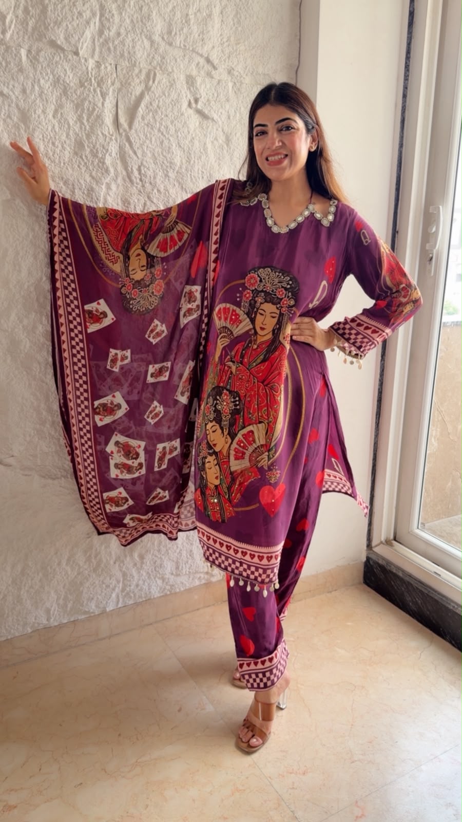 Pure digital crepe 3pc set, with Queen’s print front back also duppata with designer  mirror neckline