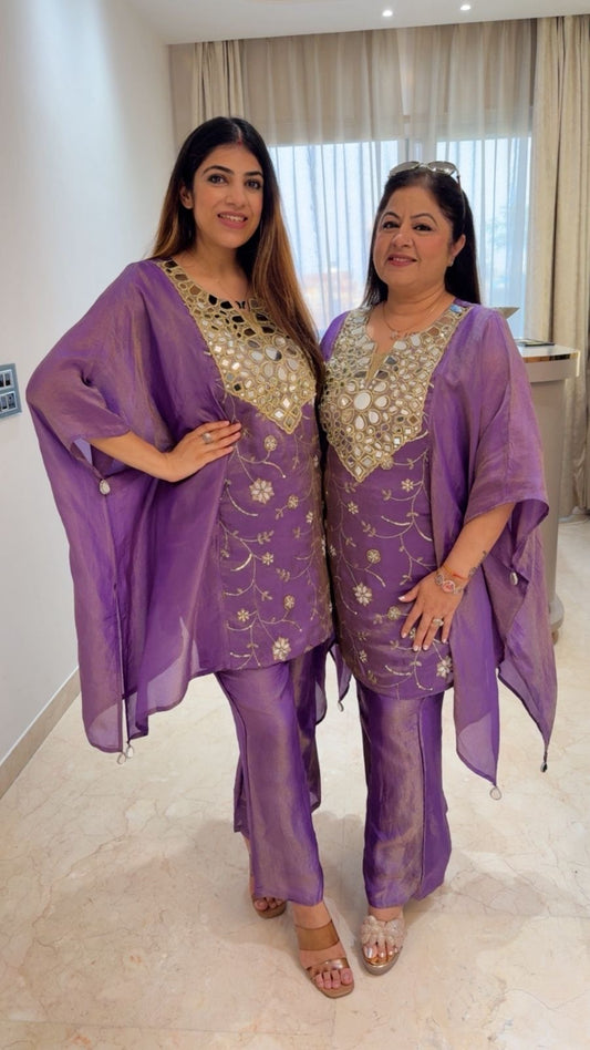 Simmar tissue partywear  short Kaftan 2pc set with bell bottom plazo all handwork nd mirror work