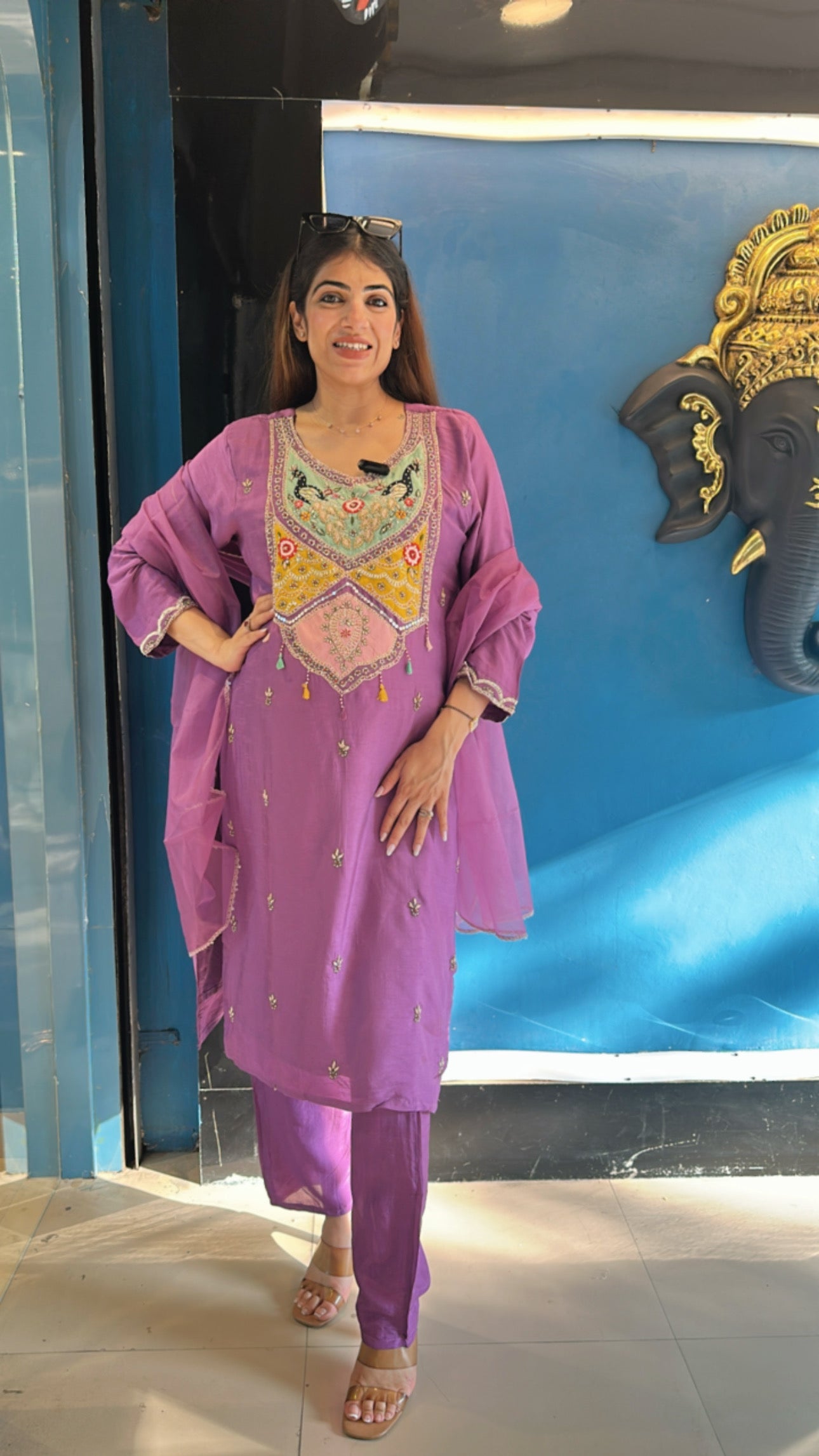 Dola Silk Suit with Handwork Paired with organza Dupatta