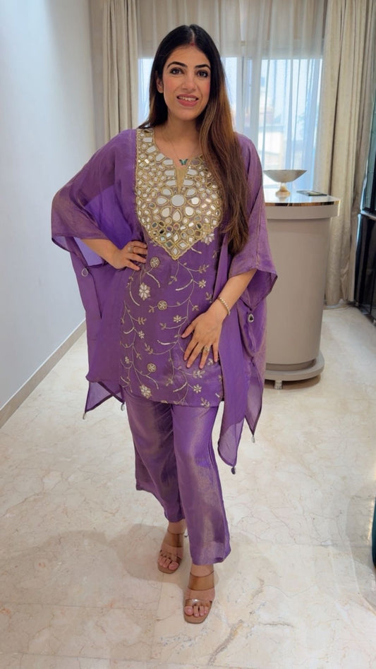 Simmar tissue partywear  short Kaftan 2pc set with bell bottom plazo all handwork nd mirror work