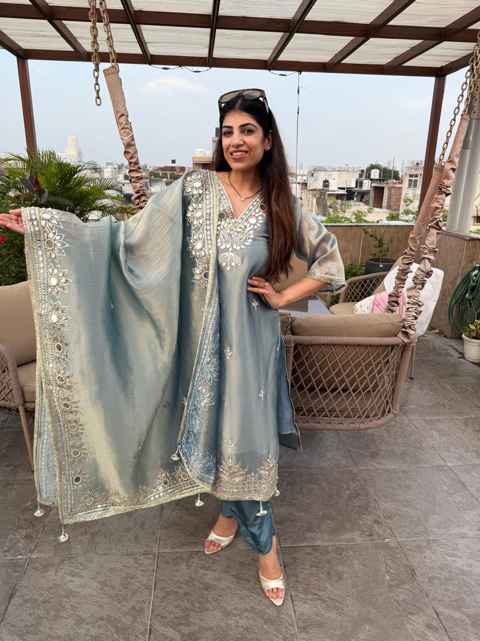 Imported Giraffe fabric 3,peice  all gota patti work& mirror work & heavy dupatta