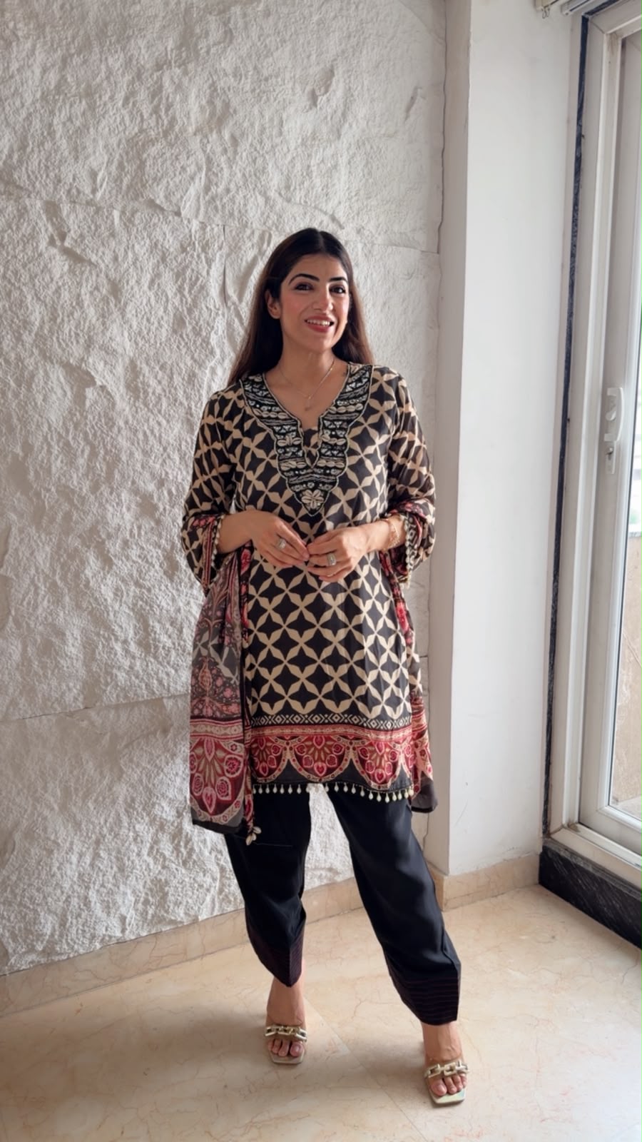 Crepe digital print handwork-neck design with farshi & dupatta