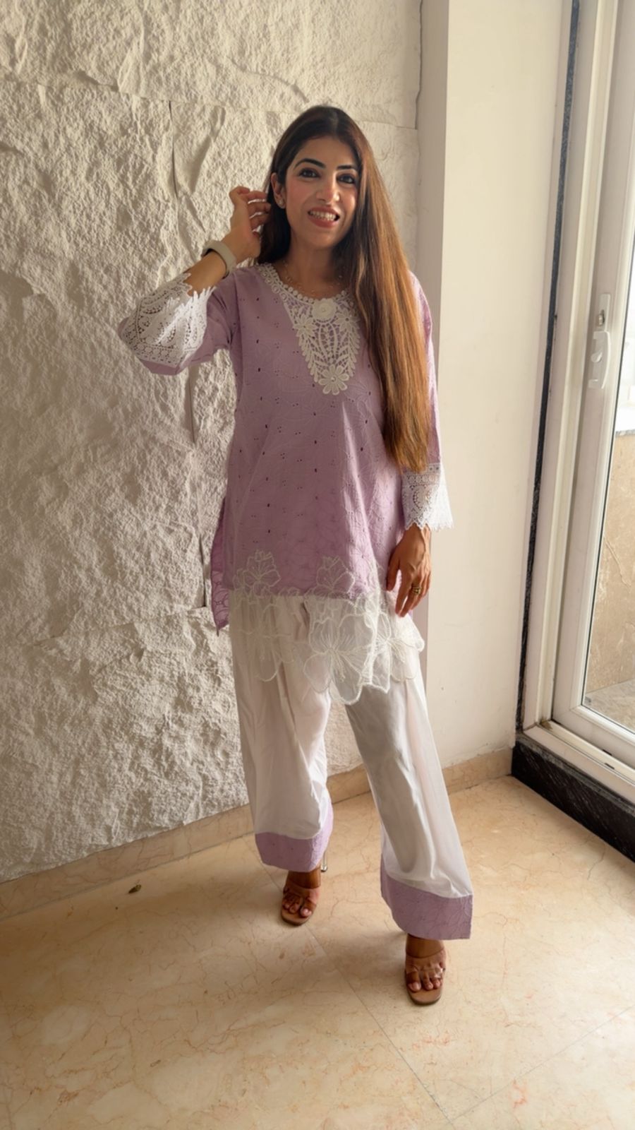 Schiffli cotton farshi set with flower motifs