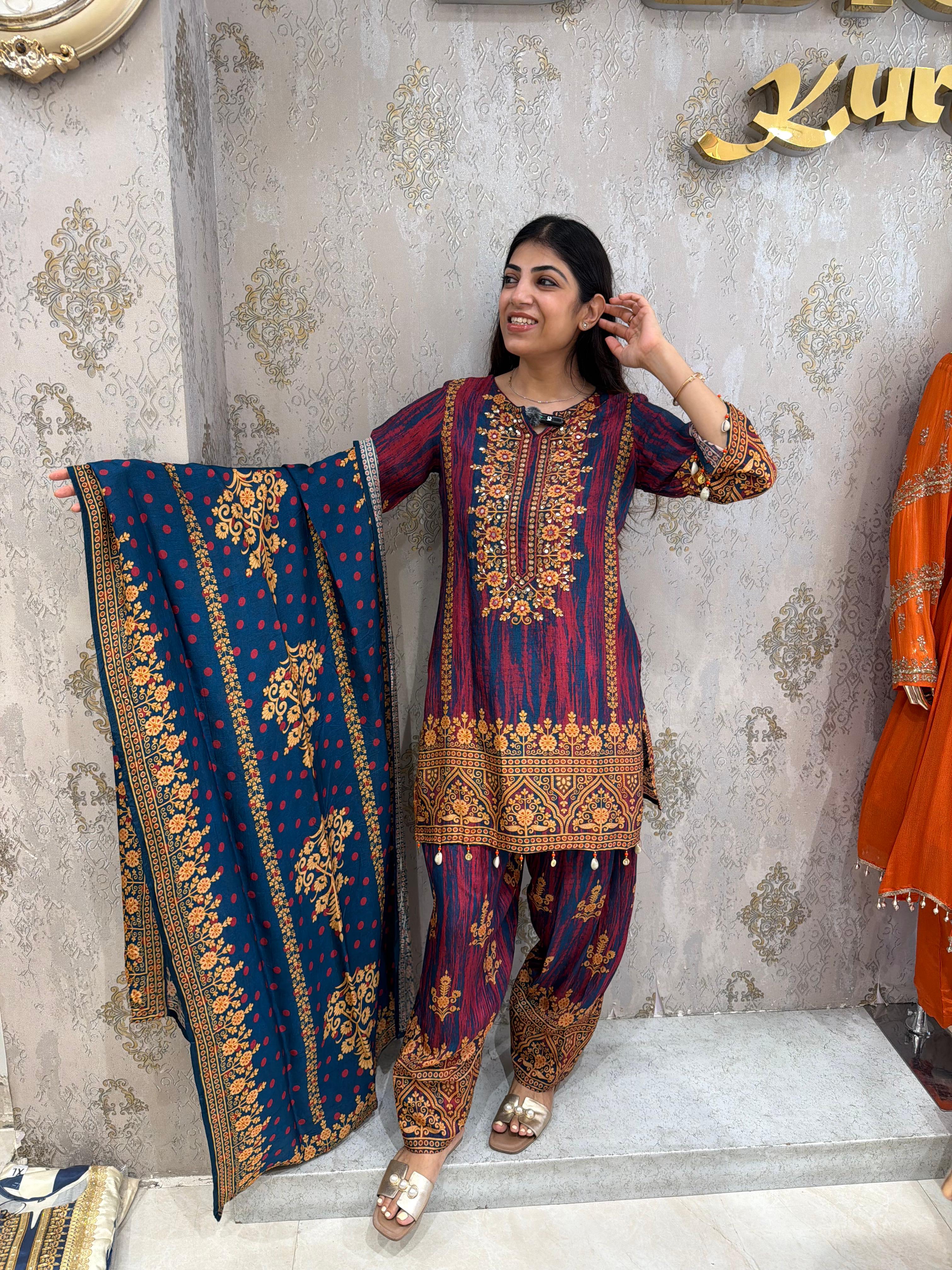 Pure modal silk 3,piece set with all embroidery print
