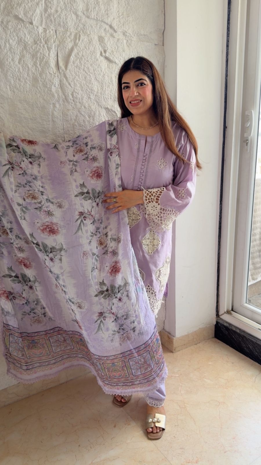 Imported cotton Pakistani suit with cutwork embroidery & chiffon printed duppata
