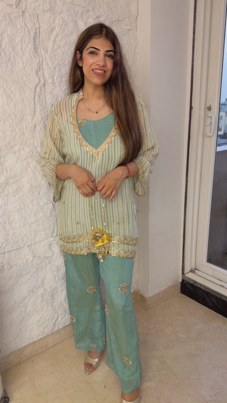 Chinon 3 pc set with handwork on shirt with crushed bell bottom pants with small highlighted work