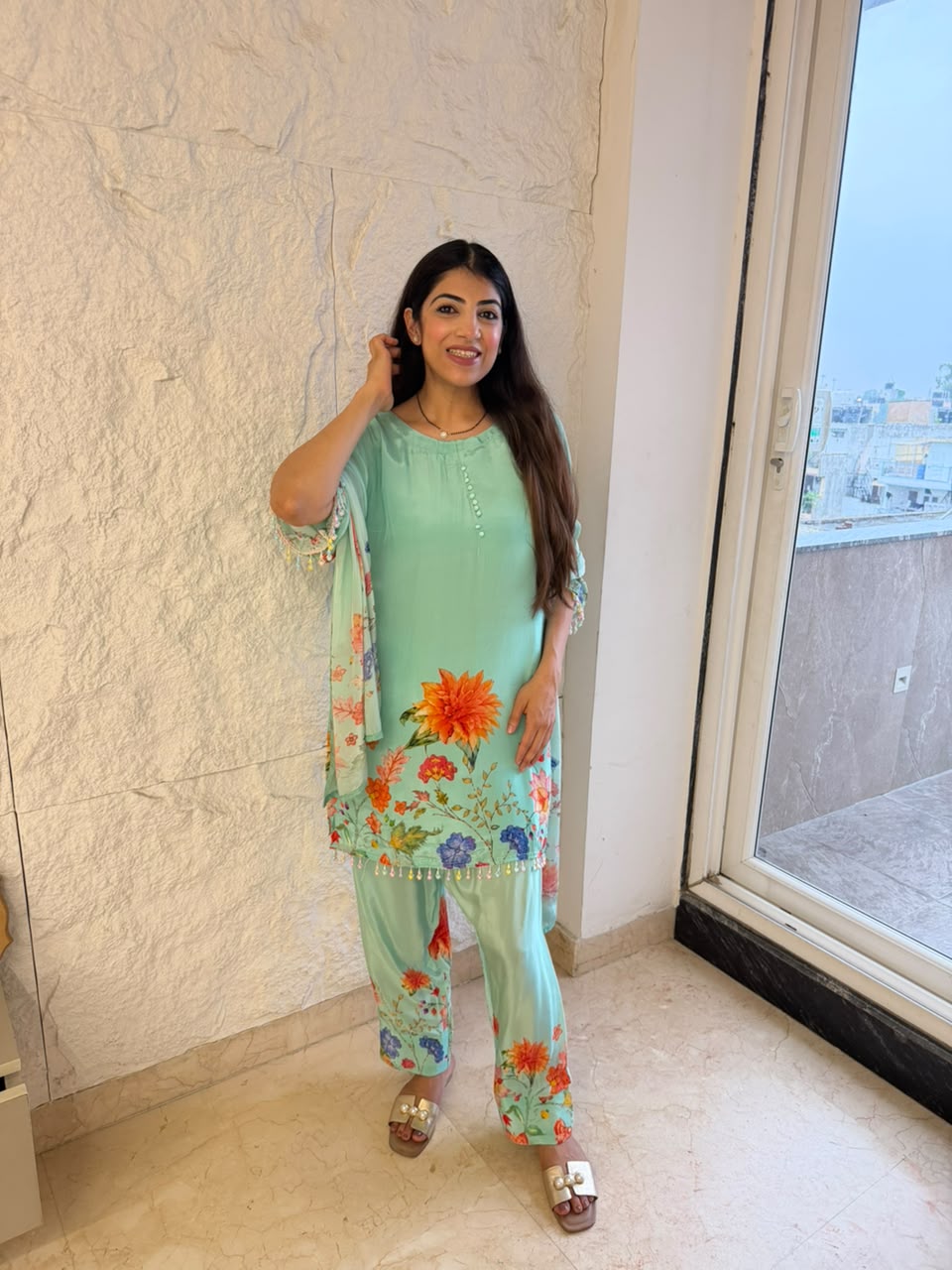 Pure digital crepe3,peice set with farshi salwar