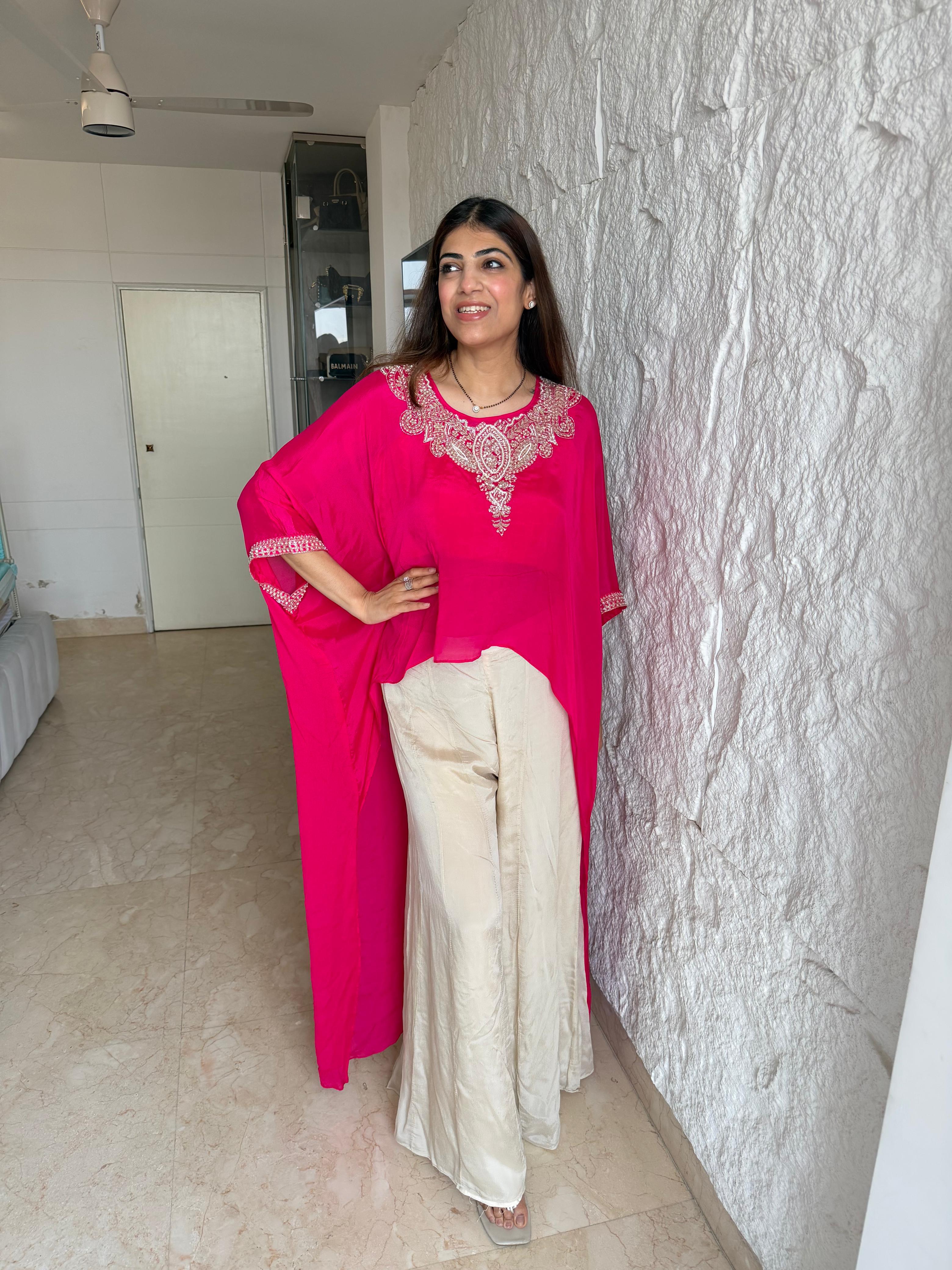 Pure Chinon indo-western 3 piece set with all  handwork neck & sleeves