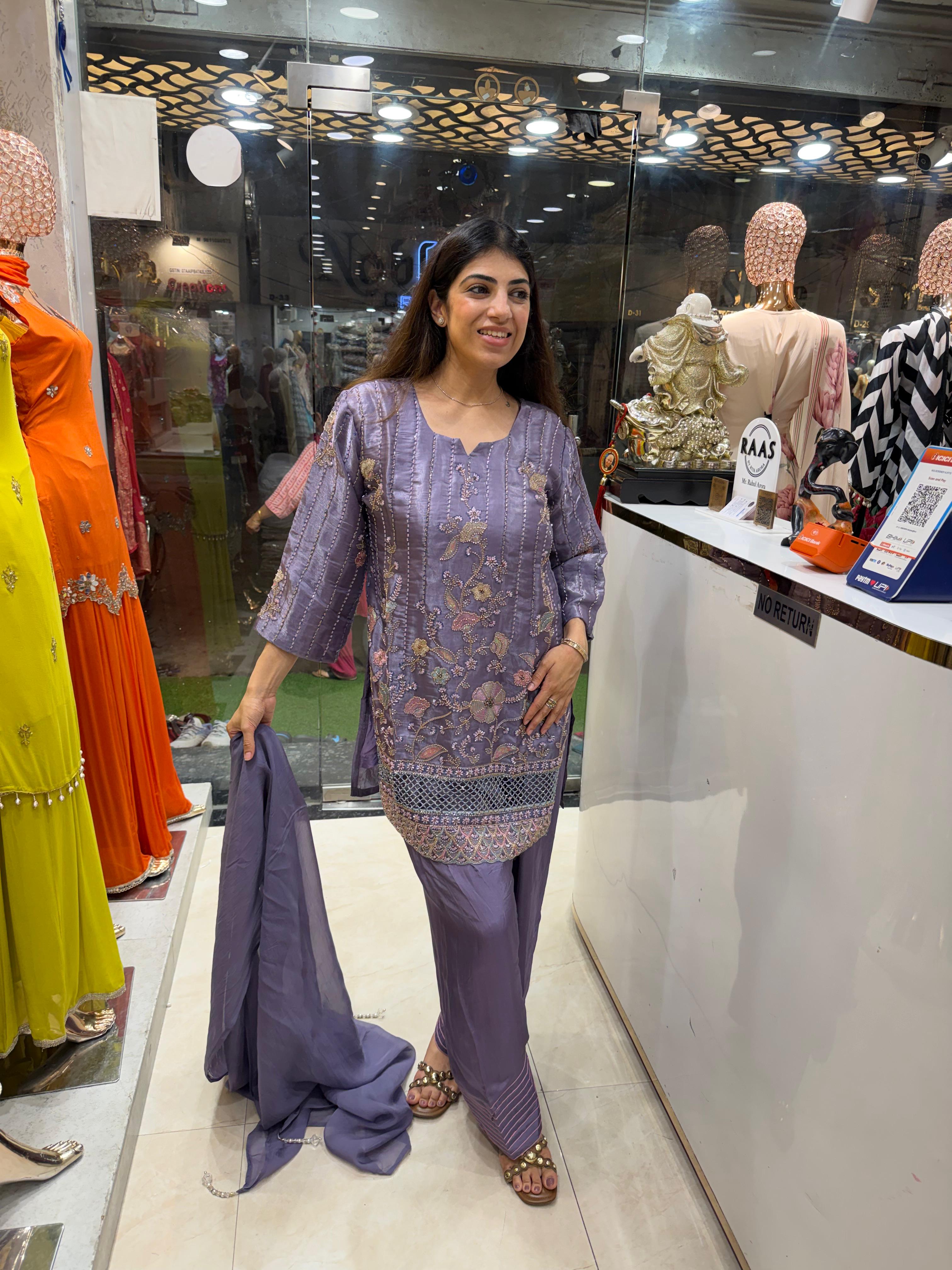 Pure organza partywear kardana work3,peice set with farshi salwar & dupatta